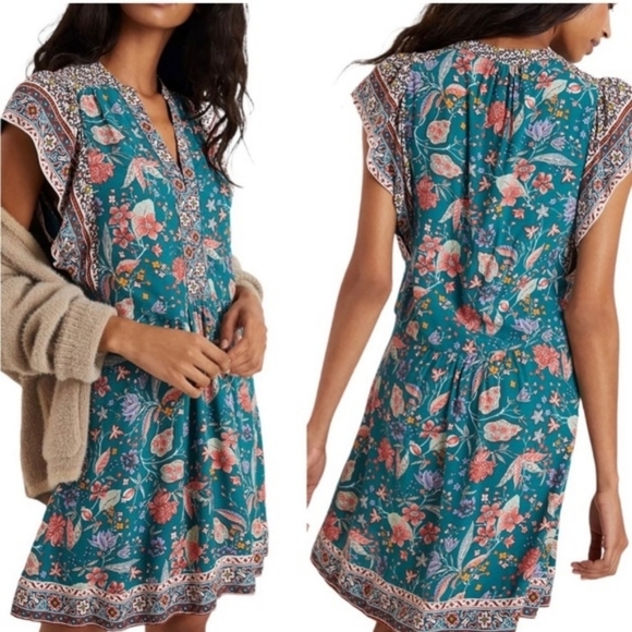 Anthropologie Zenia Mini Dress Floral Flutter Sleeve Green V Neck Boho Size XL - Picture 5 of 16